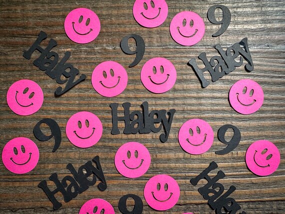 Personalized Bright Pink Smiley Face Birthday Party Confetti, 100 Pieces, Customizable Colors