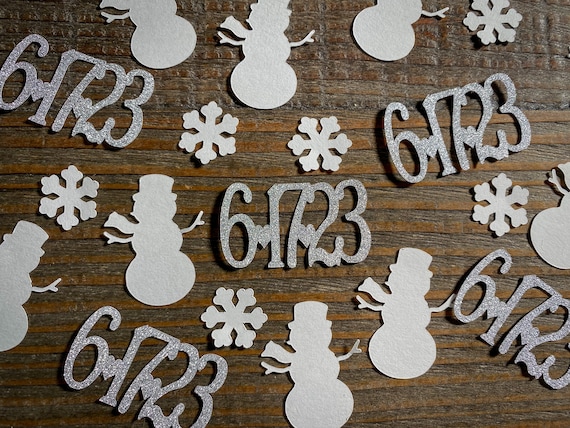 Silver Personalized Date Winter Wedding Engagement Party Confetti with Snowmen and Snowflakes