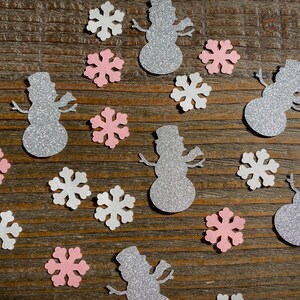 Pink, White, and Silver Snowman and Snowflake Baby Shower Winter Birthday Party Confetti