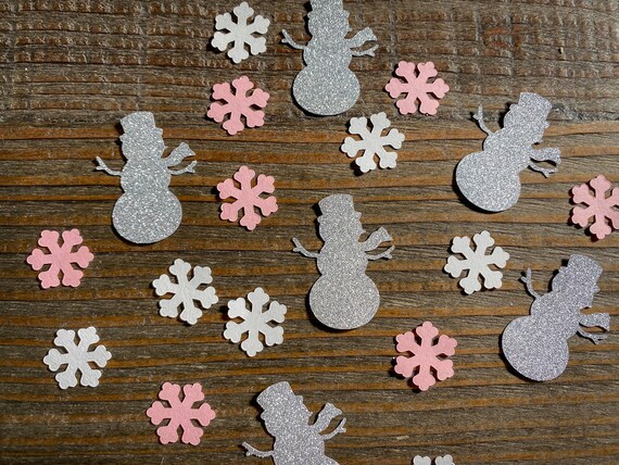 Pink, White, and Silver Snowman and Snowflake Baby Shower Winter Birthday Party Confetti