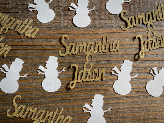Personalized Winter Wedding and Engagement Couple Name Confetti with Snowmen