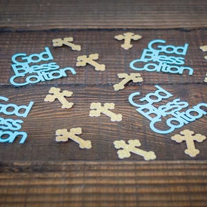 Blue and Gold Personalized Baptism First Communion God Bless Confetti image 3