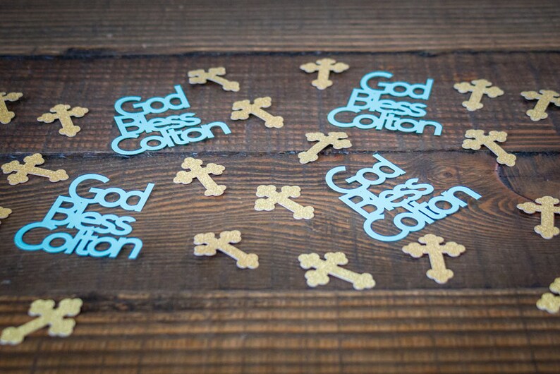 Blue and Gold Personalized Baptism First Communion God Bless Confetti image 3