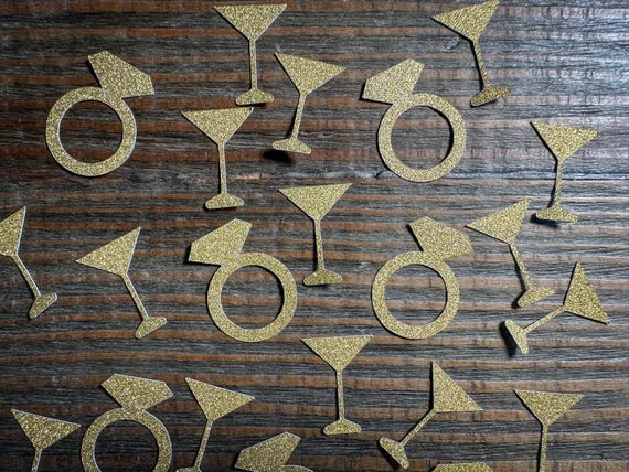 Gold Martini Glass and Wedding Ring Party Confetti