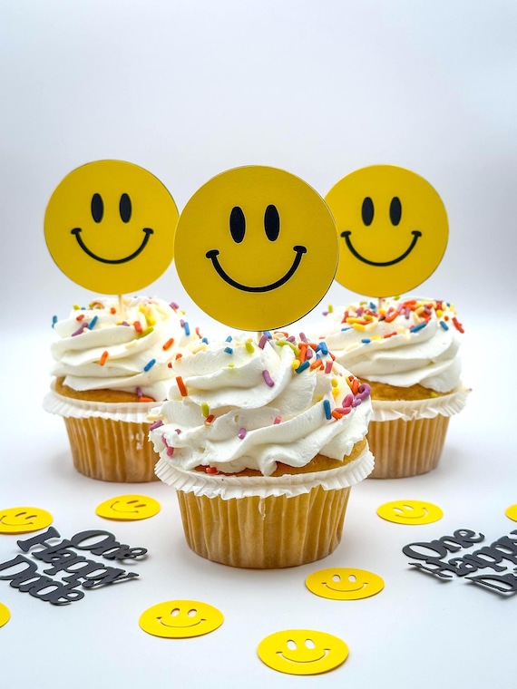 Yellow Smiley Face Cupcake Toppers – Set of 12