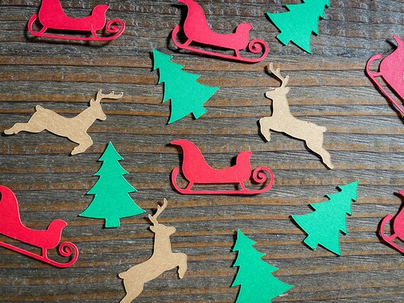 Red Sleigh, Tree, Brown Reindeer Winter Birthday Christmas Party Confetti
