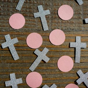 Confeti para bautizo, primera comunión, círculo rosa y cruz plateada lisa