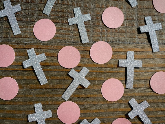 Pink Circle and Plain Silver Cross Baptism First Communion Confetti