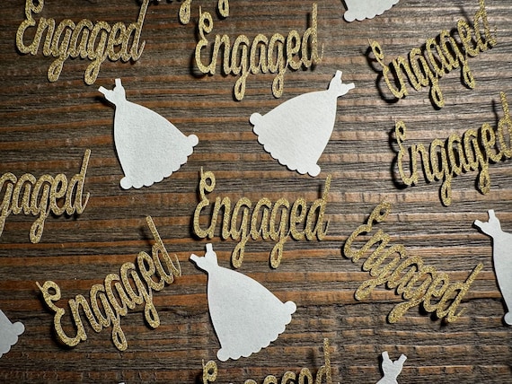 Gold Engaged Engagement Party Confetti with Wedding Dresses Script Font