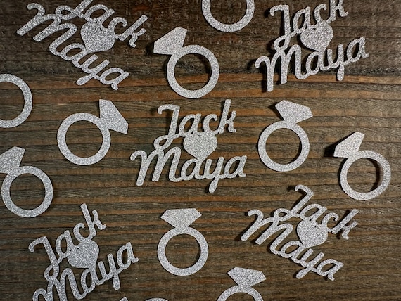 Silver Personalized Engagement Confetti with Rings Script