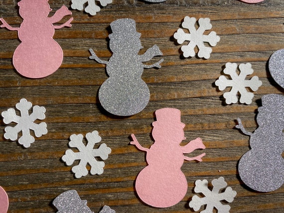 Silver and Pink Snowman and Snowflake Winter Birthday Party Baby Shower Confetti