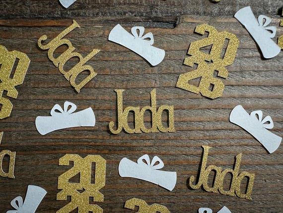 Personalized Glitter Gold Name and 2026 Graduation Party Confetti with Diplomas Stacked Year