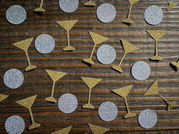Gold Martini Glass Party Confetti with Silver Circle