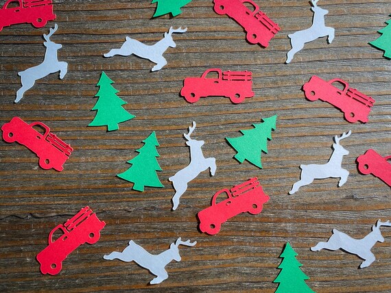 Red Truck, Christmas Tree, and White Reindeer Christmas Party Confetti