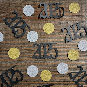 Black, Silver, and Gold 2025 Graduation Confetti. New Years Confetti.
