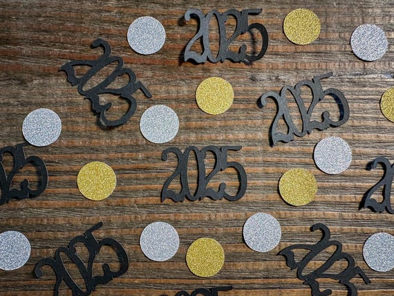 Black, Silver, and Gold 2025 Graduation Confetti. New Years Confetti.