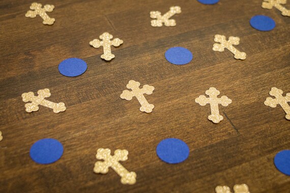 Gold Cross and Navy Circle Baptism First Communion Confetti