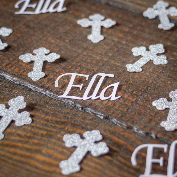 Personalized White and Silver Cross Baptism First Communion Confetti