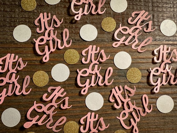 Pink It's a Girl Baby Shower Confetti with White and Gold Circles