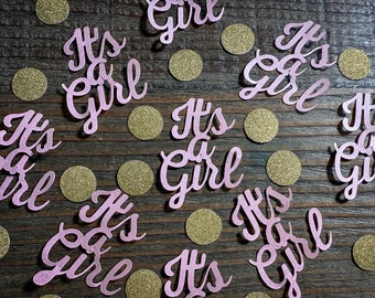 Roze It's a Girl-babyshowerconfetti met gouden cirkels