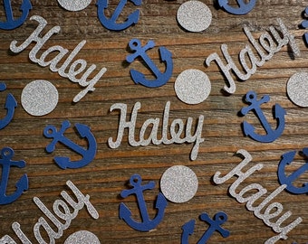 Personalized Silver and Navy Anchor Nautical Party Confetti with Silver Circles