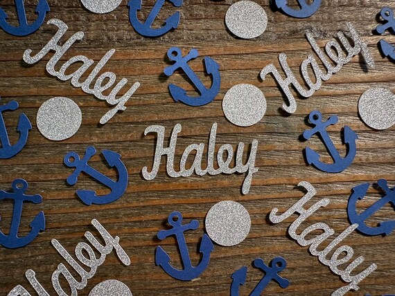 Personalized Silver and Navy Anchor Nautical Party Confetti with Silver Circles