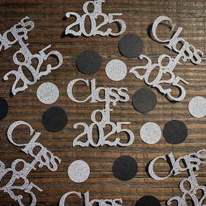 Silver Class of 2025 Graduation Party Confetti with Black and Silver Circles