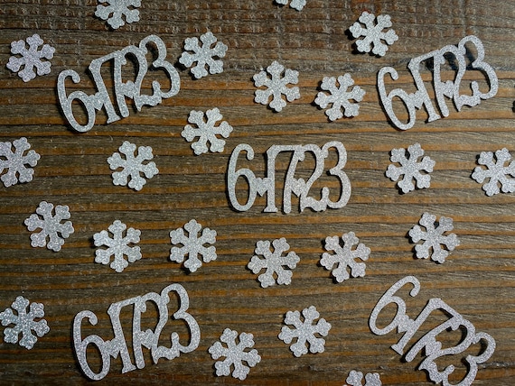 Personalized Silver Snow and Date Wedding and Engagement Confetti