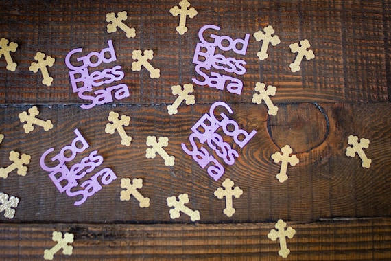 Personalized Purple God Bless and Gold Cross Baptism First Communion Confetti