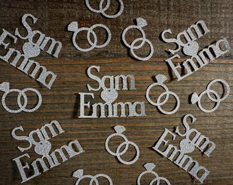 Personalized Two Name Engagement Confetti in Silver Print with Entwined Rings