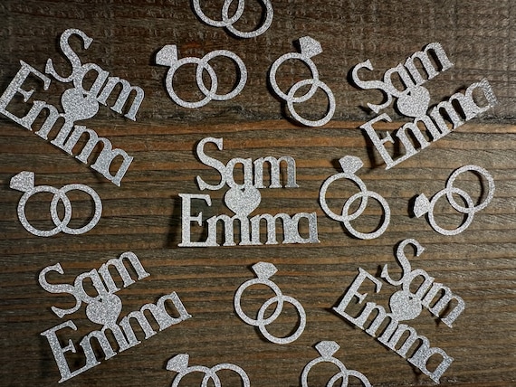 Personalized Two Name Engagement Confetti in Silver Print with Entwined Rings
