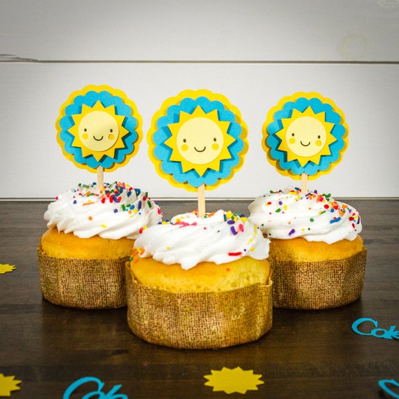 Yellow and Blue You Are My Sunshine Party Cupcake Toppers