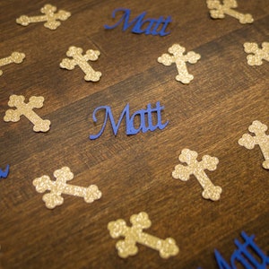 Personalized Navy and Gold Cross Baptism First Communion Confetti