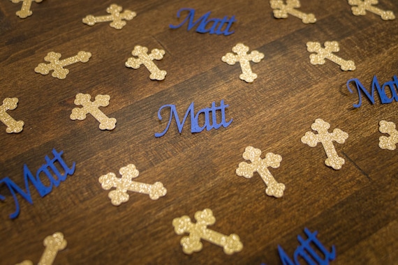 Personalized Navy and Gold Cross Baptism First Communion Confetti