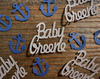 Personalized Silver and Navy Anchor Nautical Baby Shower Confetti