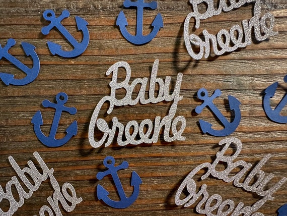 Personalized Silver and Navy Anchor Nautical Baby Shower Confetti