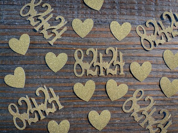 Glitter Gold Personalized Wedding Date Confetti, Anniversary Party Confetti with Hearts