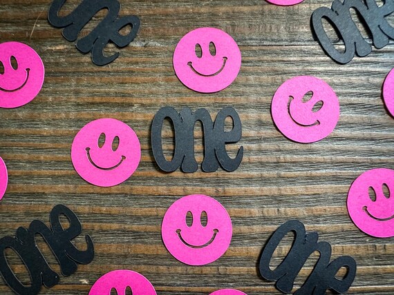 Bright Pink Smiley Face First Birthday Party Confetti