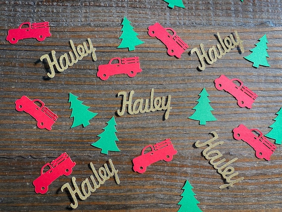 Personalized Red Truck, Christmas Tree, Gold Name Party Confetti