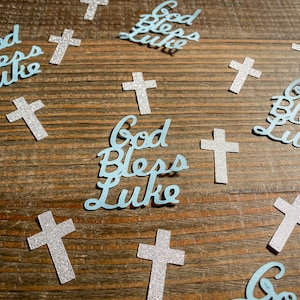 Deus abençoe azul claro personalizado com confete de batismo em cruz com glitter prateado simples