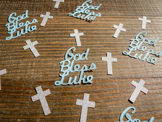 Personalized Light Blue God Bless with Plain Silver Glitter Cross baptism Confetti