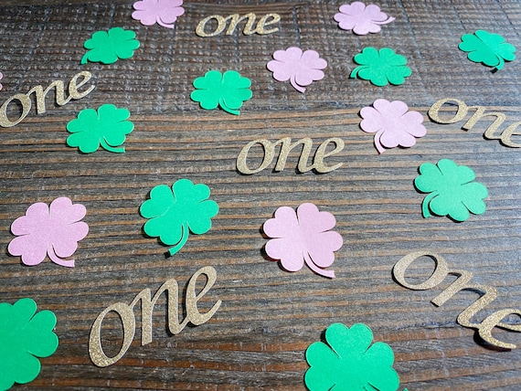 Green, Pink, and Gold Shamrock St. Patricks Day First Birthday One Confetti