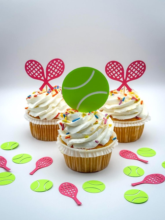 Tennis Cupcake Toppers – Set of 12 (Tennis Balls & Rackets)