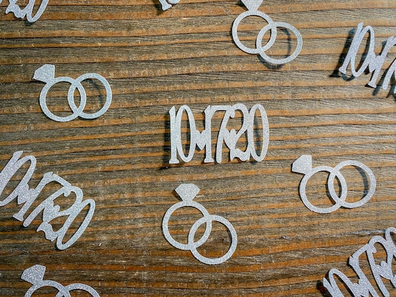 Silver Personalized Wedding Date Confetti with Entwined Rings