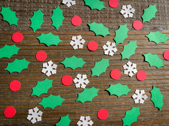Holly Leaves, Berries, and White Snowflake Holiday Party Confetti
