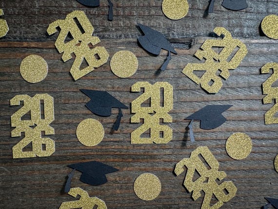 Gold 2026 Graduation Party Confetti with Gold Circles and Black Caps
