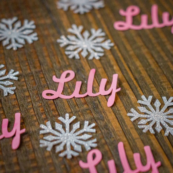 Personalized Pink Name and Silver Snowflake Confetti