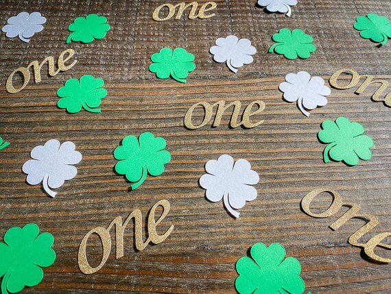 Green, White, and Gold Shamrock St Patricks Day First Birthday One Confetti
