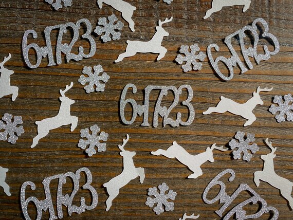 Personalized Silver Wedding Date Confetti with Reindeer and Silver Snow