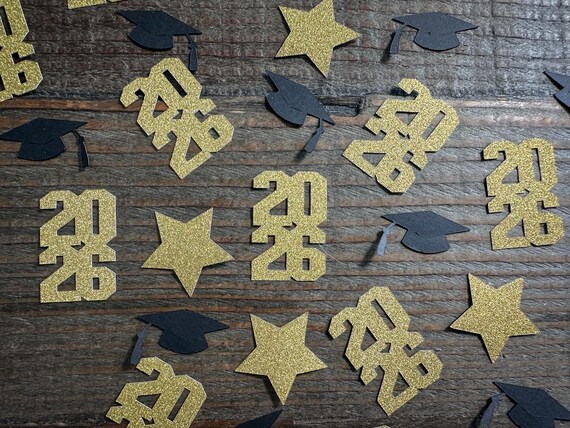 Gold 2026 Graduation Confetti: Stars & Caps, Handmade Party Decor